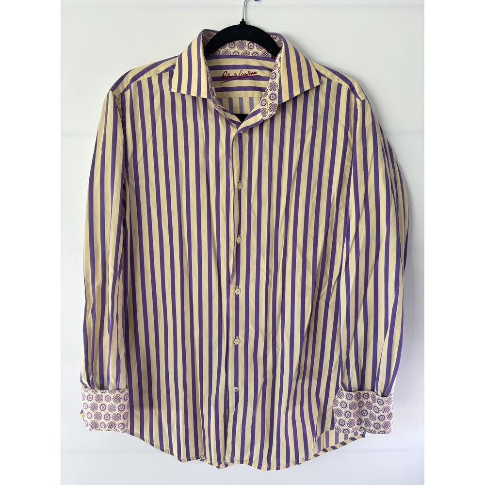 Robert Graham Shirt Mens M/L Purple Yellow Stripe Long Sleeve Button Upβ Casual